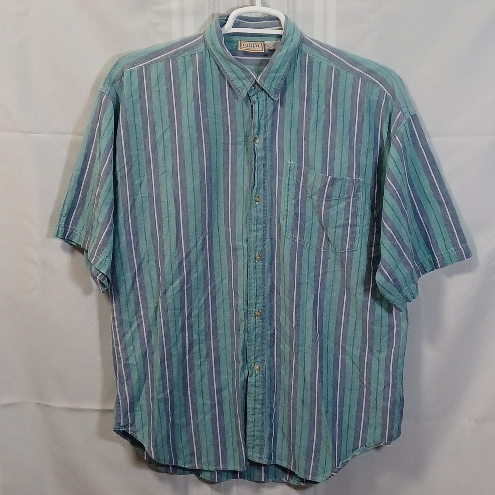 Cargo Button Down Shirt Mens XL Blue Teal Striped Short Sleeve Cotton Casual